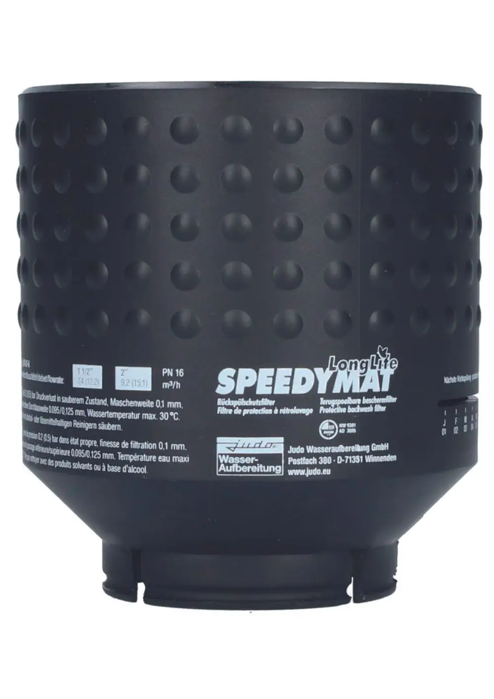 Schwarze Filterglocke mit gepunkteter Oberfläche. Auf der Vorderseite sind technische Details und die Marke Judo abgedruckt. Ein Auslass an der Unterseite ist sichtbar.